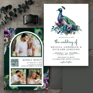 Invitación Boda Código QR de Foto Pavo Real Floral Verde Esme