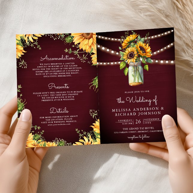 Invitación Boda Código QR de Jarrón de Girasoles de Borgoña (Subido por el creador)