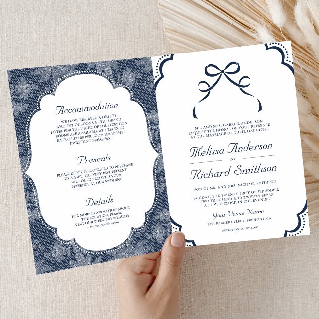 Invitación Boda Código QR de Lazo Coquette Azul Marino Blanco (Subido por el creador)