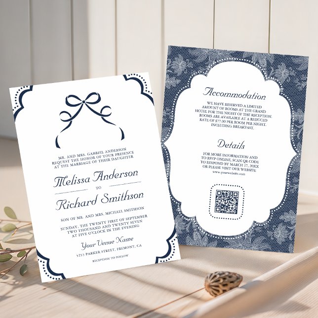 Invitación Boda Código QR de Lazo Coquette Blanco Azul Marino (Subido por el creador)