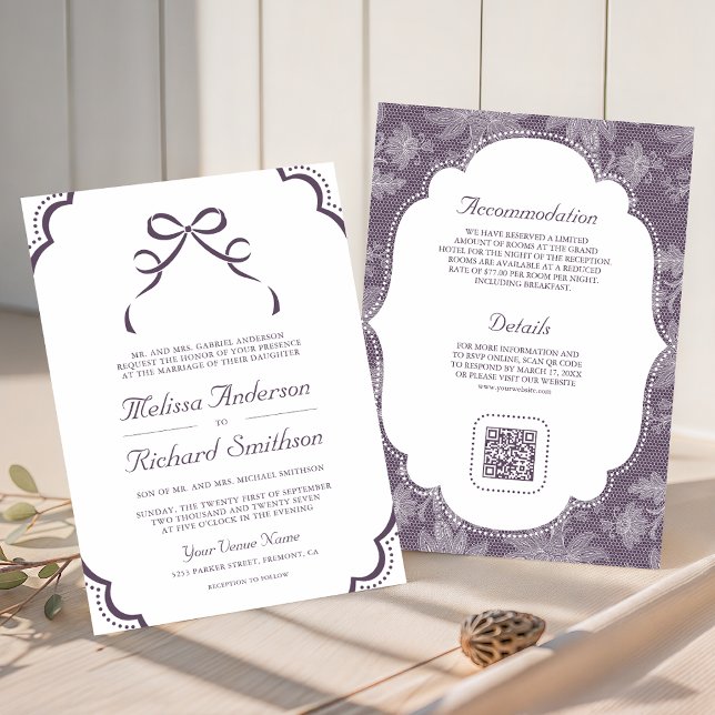 Invitación Boda Código QR de Lazo Coquette de Encaje Blanco P (Subido por el creador)