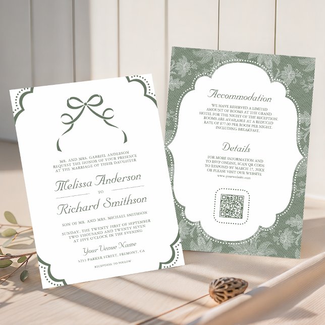 Invitación Boda Código QR de lazo Coquette Verde Salvia Blanc (Subido por el creador)