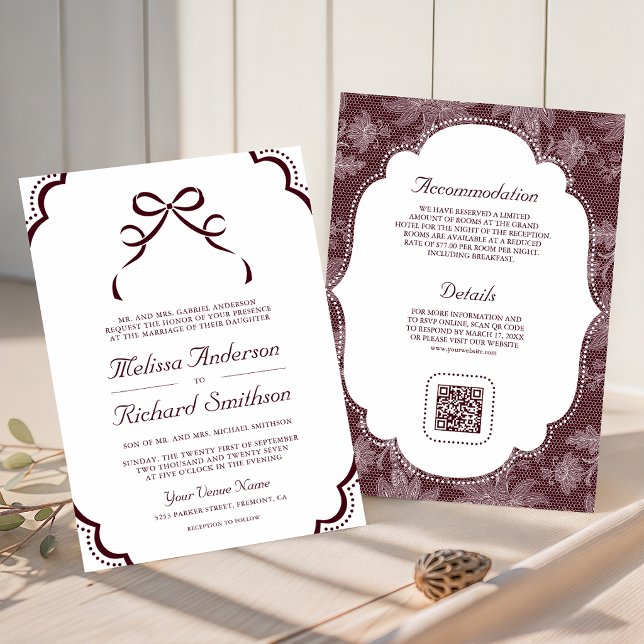 Invitación Boda Código QR de Lazo de Encaje Blanco de Borgoña (Subido por el creador)