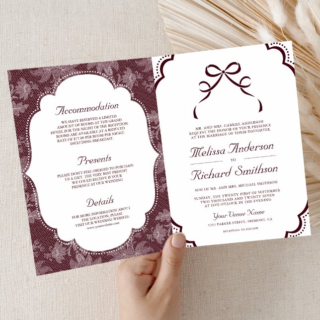 Invitación Boda Código QR de Lazo de Encaje Blanco de Borgoña (Subido por el creador)