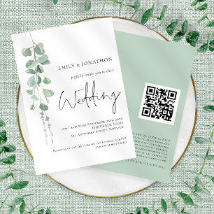 Invitación Boda Código QR de Letra Elegante de Eucalipto Mode