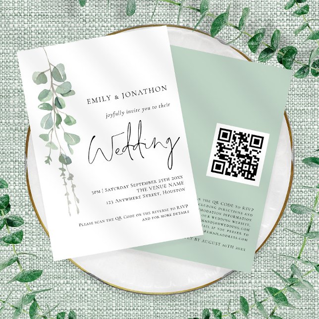 Invitación Boda Código QR de Letra Elegante de Eucalipto Mode (Front and back view)