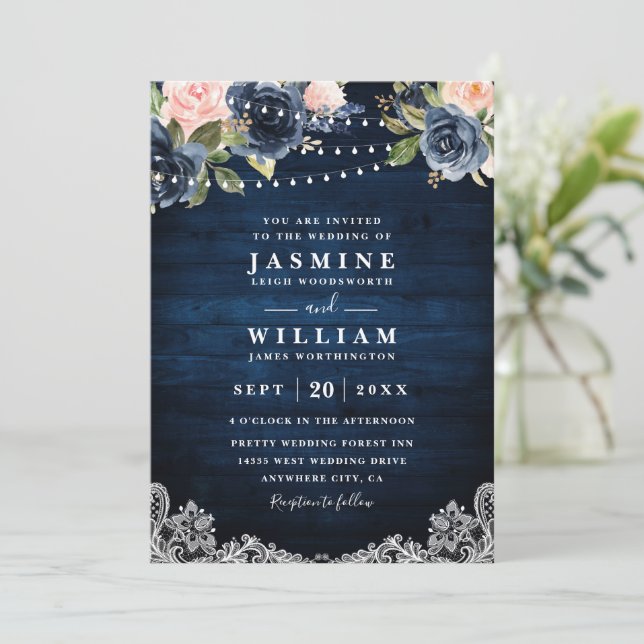 Invitación Boda Código QR de Luces de Cuerda Rústicas Florale (Anverso de pie)