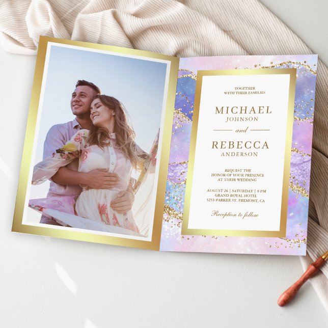 Invitación Boda Código QR de Mármol Rosa Lavanda Dorado Ágata (Subido por el creador)