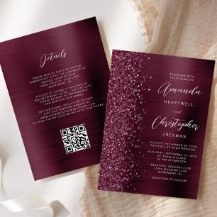 Invitación Boda Código QR de Metal Pulido Glam Burgundy