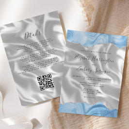 Invitación Boda Código QR de Seda Blanca Agata Plateada Baby 