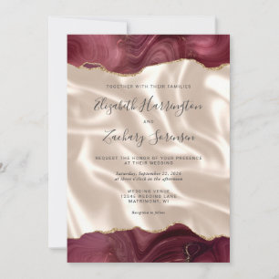 Invitación Boda Código QR de Seda Marfil Ágata Dorada Rojo Bo