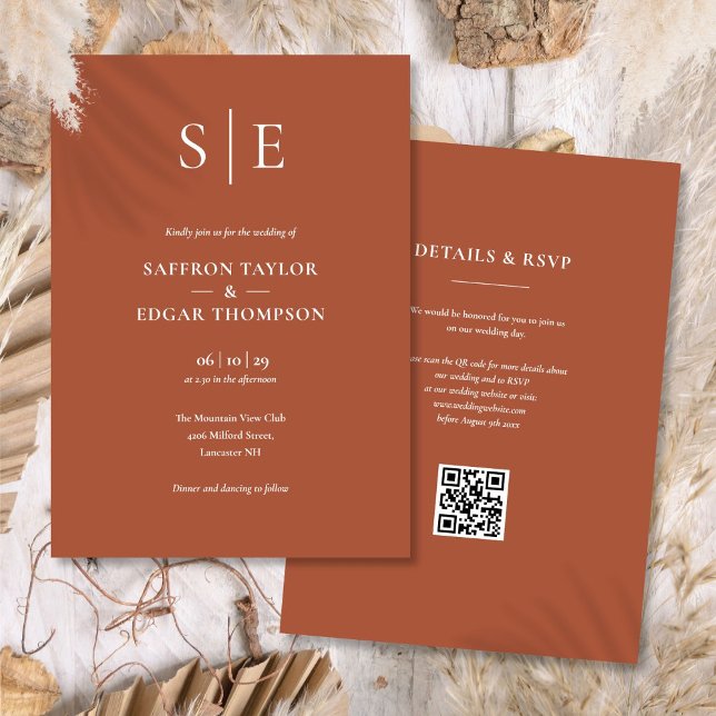 Invitación Boda Código QR de Terracota con Monograma (Monogram Terracotta QR Code Wedding Invitation)