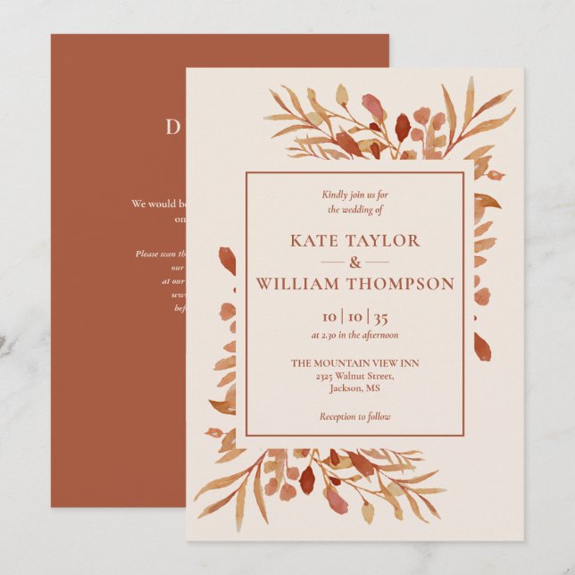 Invitación Boda Código QR de Terracota Otoño Rústico (Anverso / Reverso)