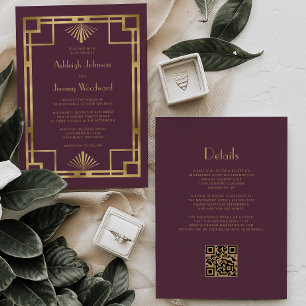 Invitación Boda Código QR Deco Vintage Oro de Borgoña Años 20