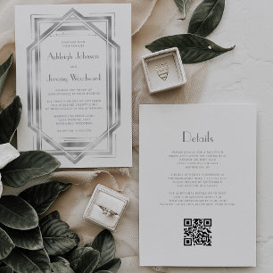 Invitación Boda Código QR Deco Vintage Plata Blanca Años 20