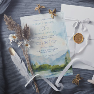 Invitación Boda Código QR del Pino Acuarela del Lago de Monta