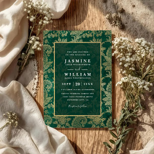 Invitación Boda Código QR Dorado Pavo Real Esmeralda Vintage