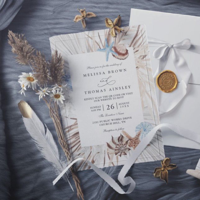 Invitación Boda Código QR Elegante Acuarela Mar Playa Boho (Subido por el creador)