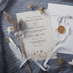Invitación Boda Código QR Elegante Beige Flor Silvestre Boho