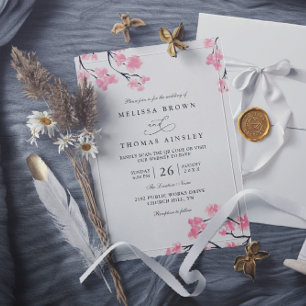 Invitación Boda Código QR Elegante Chic Flor de Cerezo Rosa