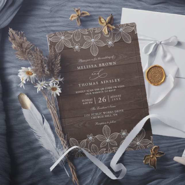Invitación Boda Código QR Elegante Encaje País Madera Rústica (Subido por el creador)