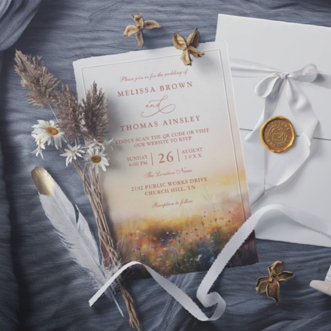 Invitación Boda Código QR Elegante Terroso Prado Flores Silve (Subido por el creador)