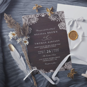 Invitación Boda Código QR Elegante Vintage Encaje Madera Rúst