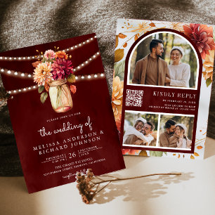 Invitación Boda Código QR en Tarro de Mason de Dalia de Otoño