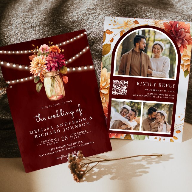 Invitación Boda Código QR en Tarro de Mason de Dalia de Otoño (Subido por el creador)