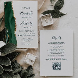 Invitación Boda Código QR Escritura Ágata Oro Verde Esmeralda