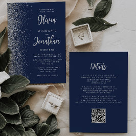 Invitación Boda Código QR Escritura Brillo Azul Marino Plata