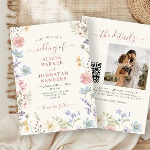 Invitación boda código QR escritura elegante boho flor silves
