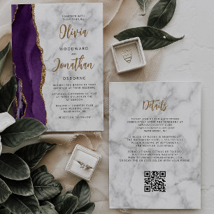Invitación Boda Código QR Escritura Mármol Ágata Oro Púrpura