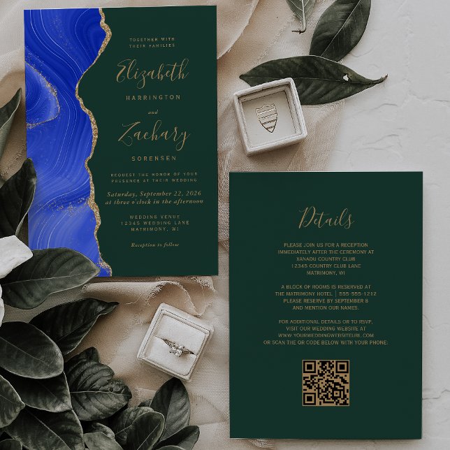 Invitación Boda Código QR Esmeralda Ágata Dorada Azul Real (Subido por el creador)