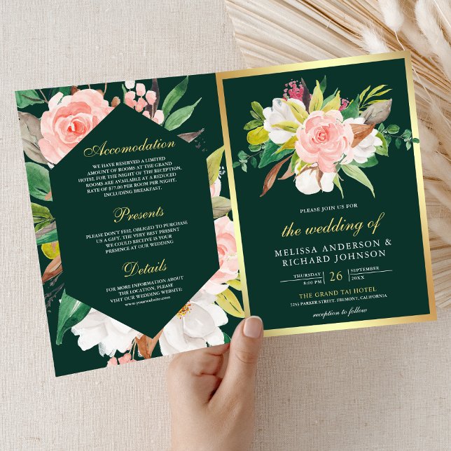 Invitación Boda Código QR Esmeralda Dorado Floral Rosa Rubor (Subido por el creador)