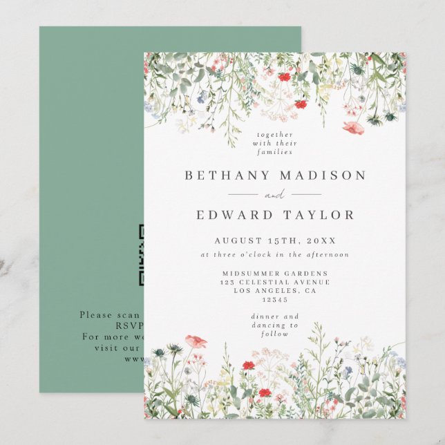 Invitación Boda Código QR Flor Silvestre (Anverso / Reverso)