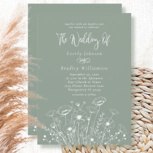 Invitación Boda Código QR Flor Silvestre Blanca Boho Verde Sa