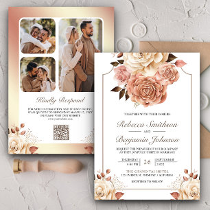 Invitación Boda Código QR Floral Ámaro Dorado Rústico Boho