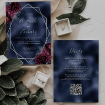 Boda Código QR Floral Azul Marino Burgundy Plata