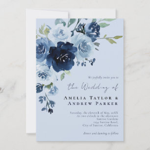 Invitación Boda Código QR Floral Azul Polvoriento Rosa Navy
