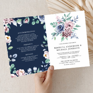 Invitación Boda Código QR Floral Azul Polvoriento y Rosa Mari