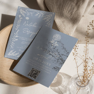 Invitación Boda Código QR Floral Botánico Azul Boho