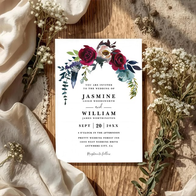 Invitación Boda Código QR Floral Burgundy Navy Boho Chic (Subido por el creador)