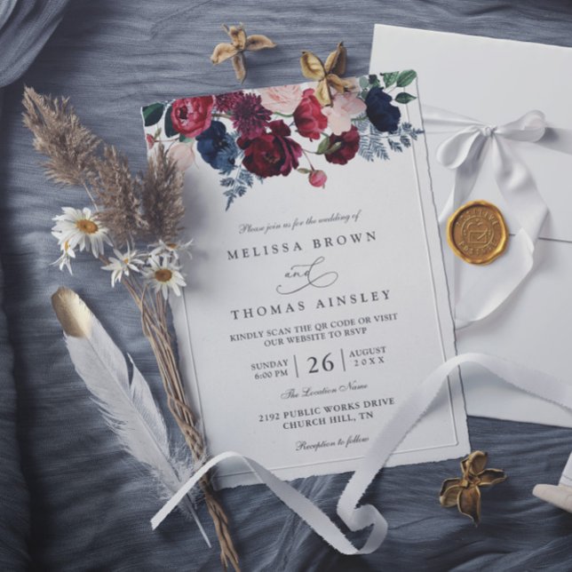 Invitación Boda Código QR Floral Burgundy Navy Chic Rústico (Subido por el creador)