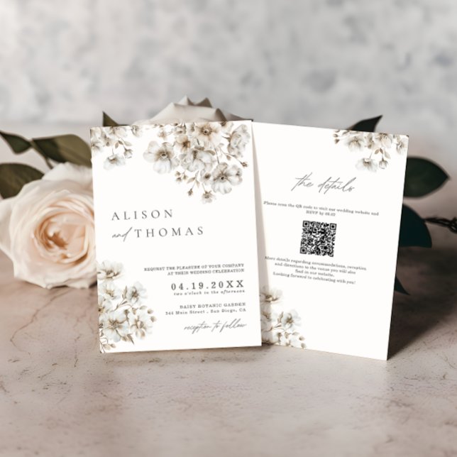 Invitación Boda Código QR Floral Crema Boho Rústica (Subido por el creador)