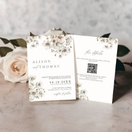 Invitación Boda Código QR Floral Crema Boho Rústica