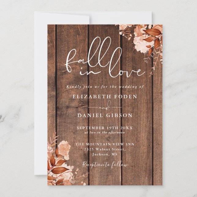 Invitación Boda Código QR Floral de Madera Rústica Otoño (Anverso)