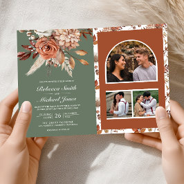 Invitación Boda Código QR Floral de Terracota Verde Salvia