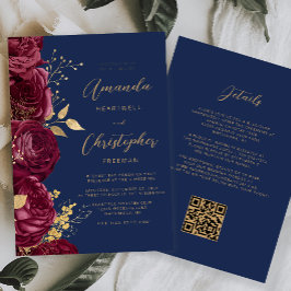 Invitación Boda Código QR Floral Dorado Borgoña