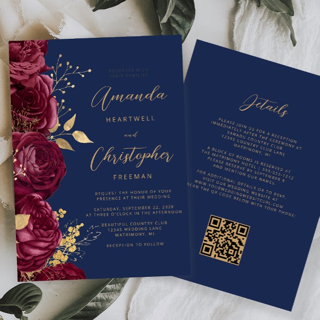 Invitación Boda Código QR Floral Dorado Borgoña (Subido por el creador)